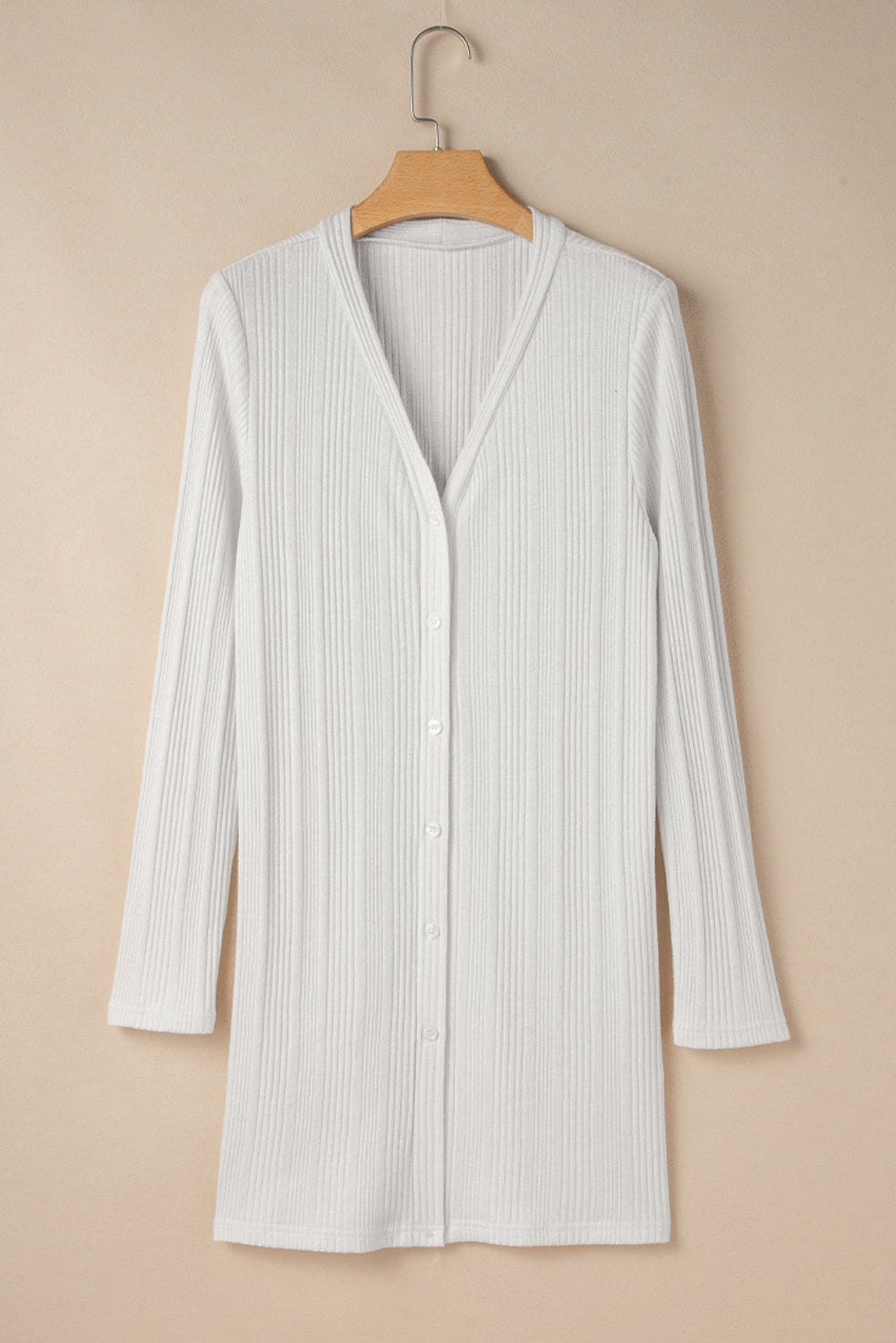 White Solid Color Ribbed Button up Tunic Cardigan