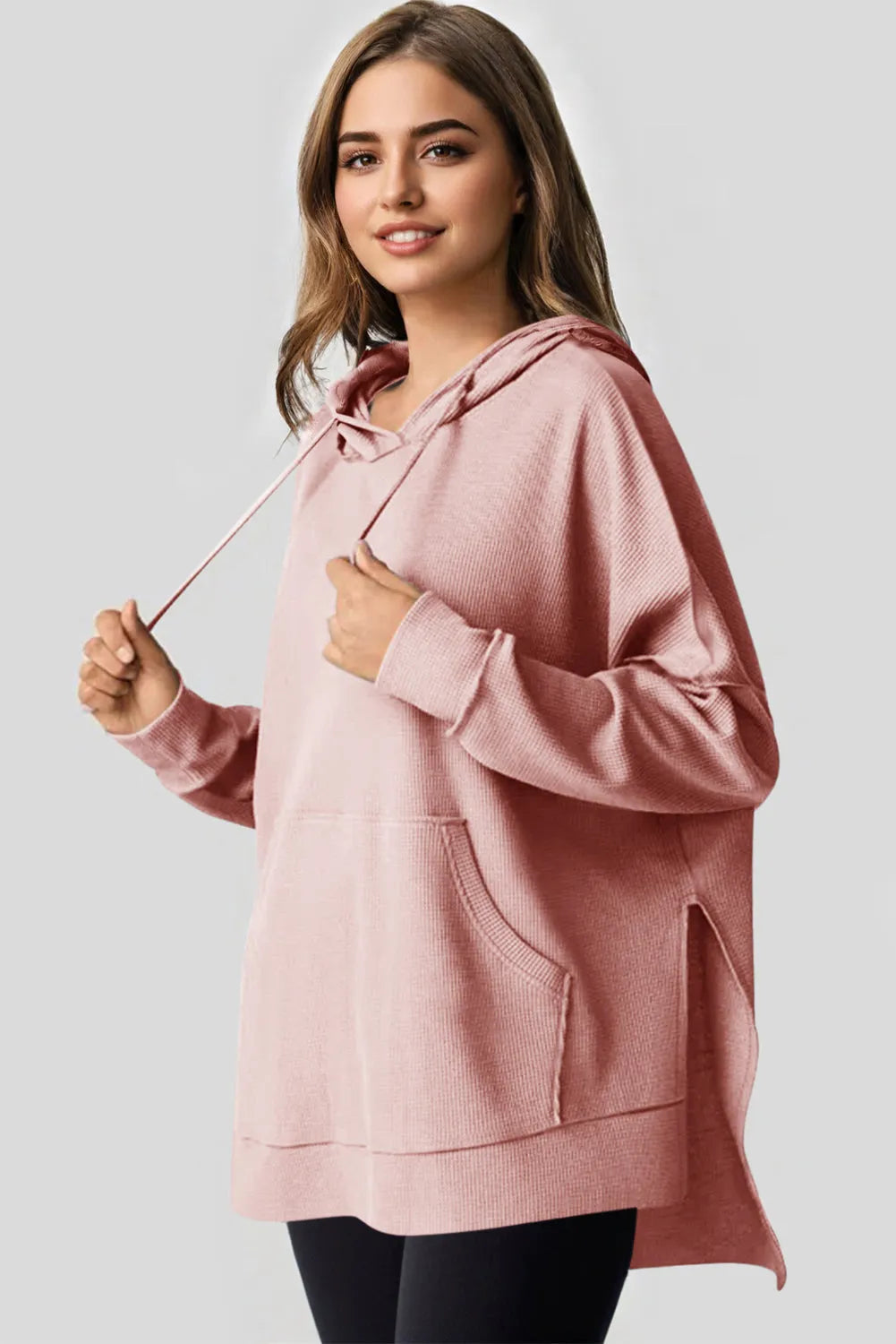 Light Pink Waffle Knit Fleece Lined High Low Oversized Hoodie - Chic Meadow Boutique 