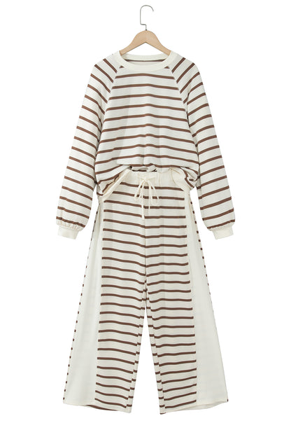 Khaki Stripe Relaxed Long Sleeve Top Color Block Detail Drawstring Pant Set