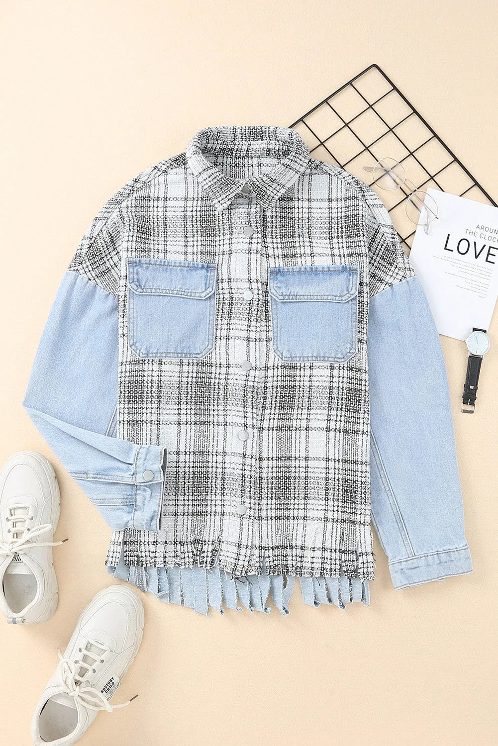 Sky Blue Plaid Patchwork Fringed Flap Pockets Denim Jacket - Chic Meadow Boutique 