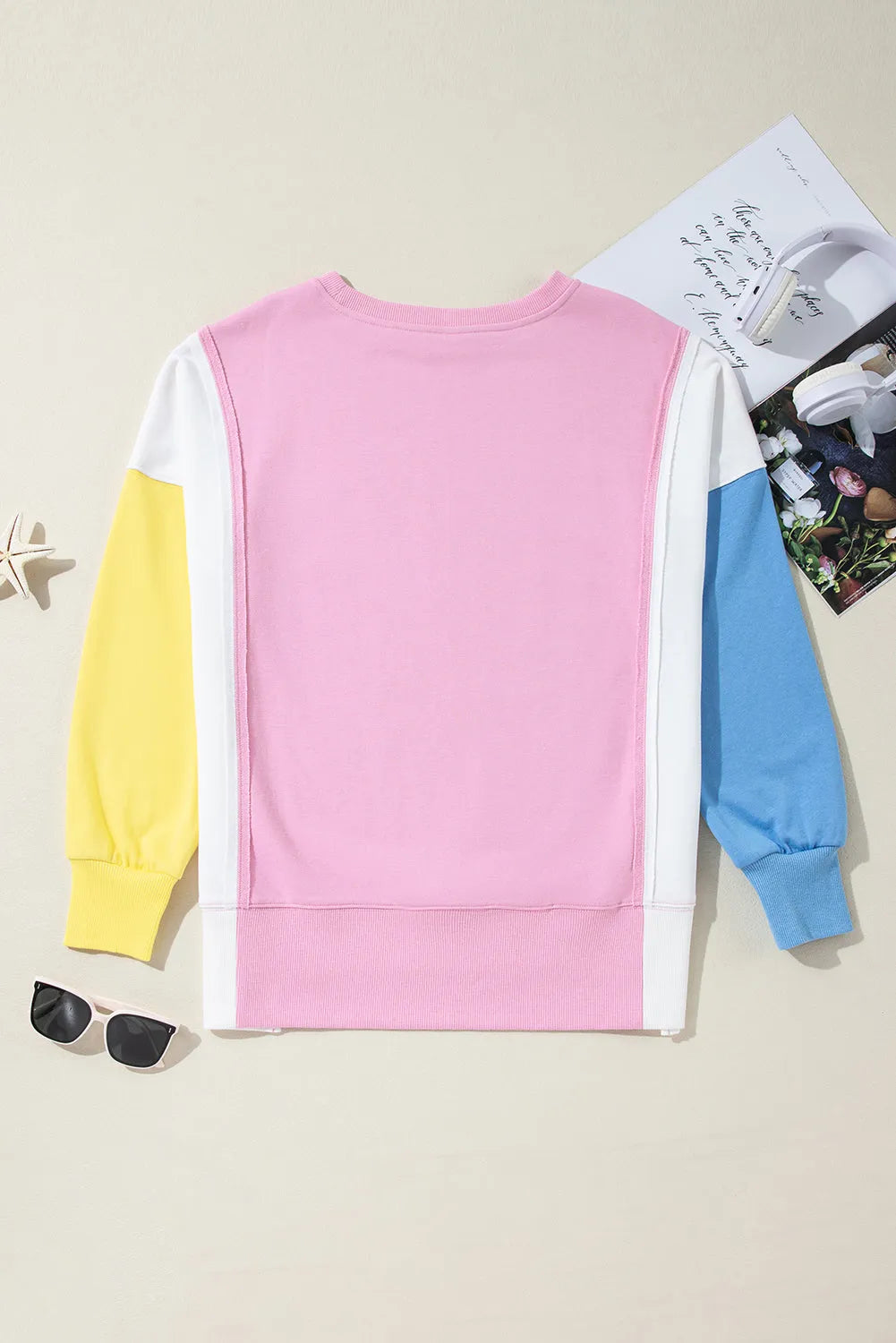 Bonbon Color Block Exposed Seam Side Slits Crewneck Sweatshirt - Chic Meadow Boutique 