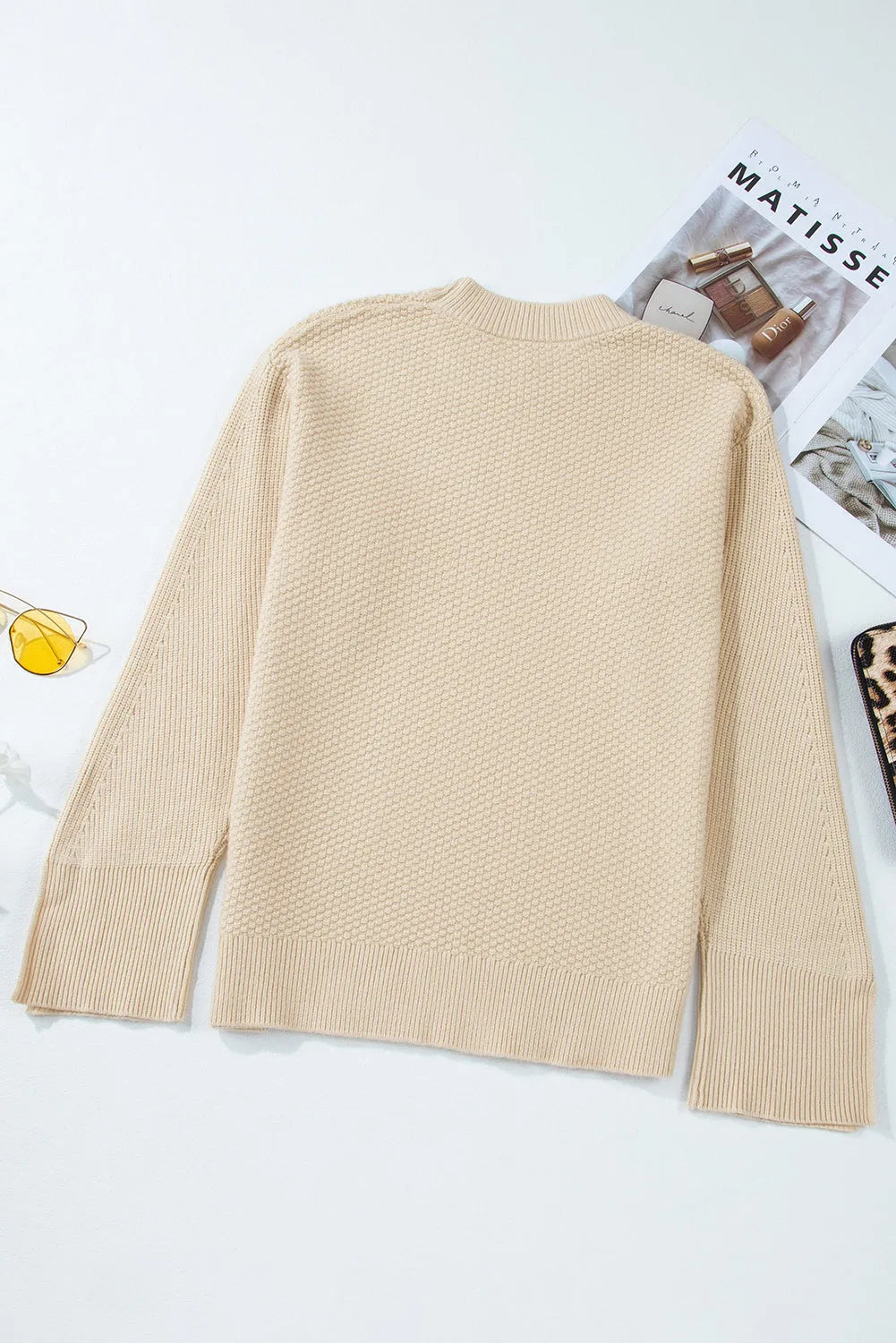 Parchment Solid Textured Knit Split Cuff Drop Shoulder Loose Sweater - Chic Meadow Boutique 