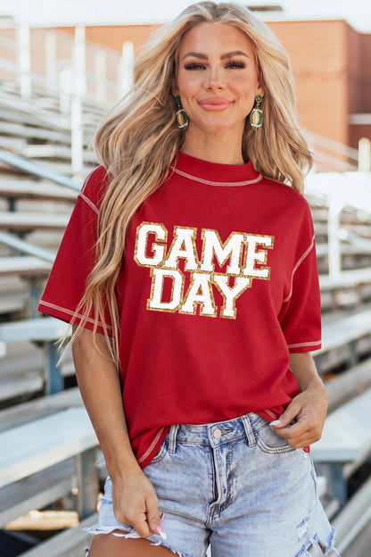 Racing Red Shiny Game Day Lettering Contrast Seam Detail Graphic Tee