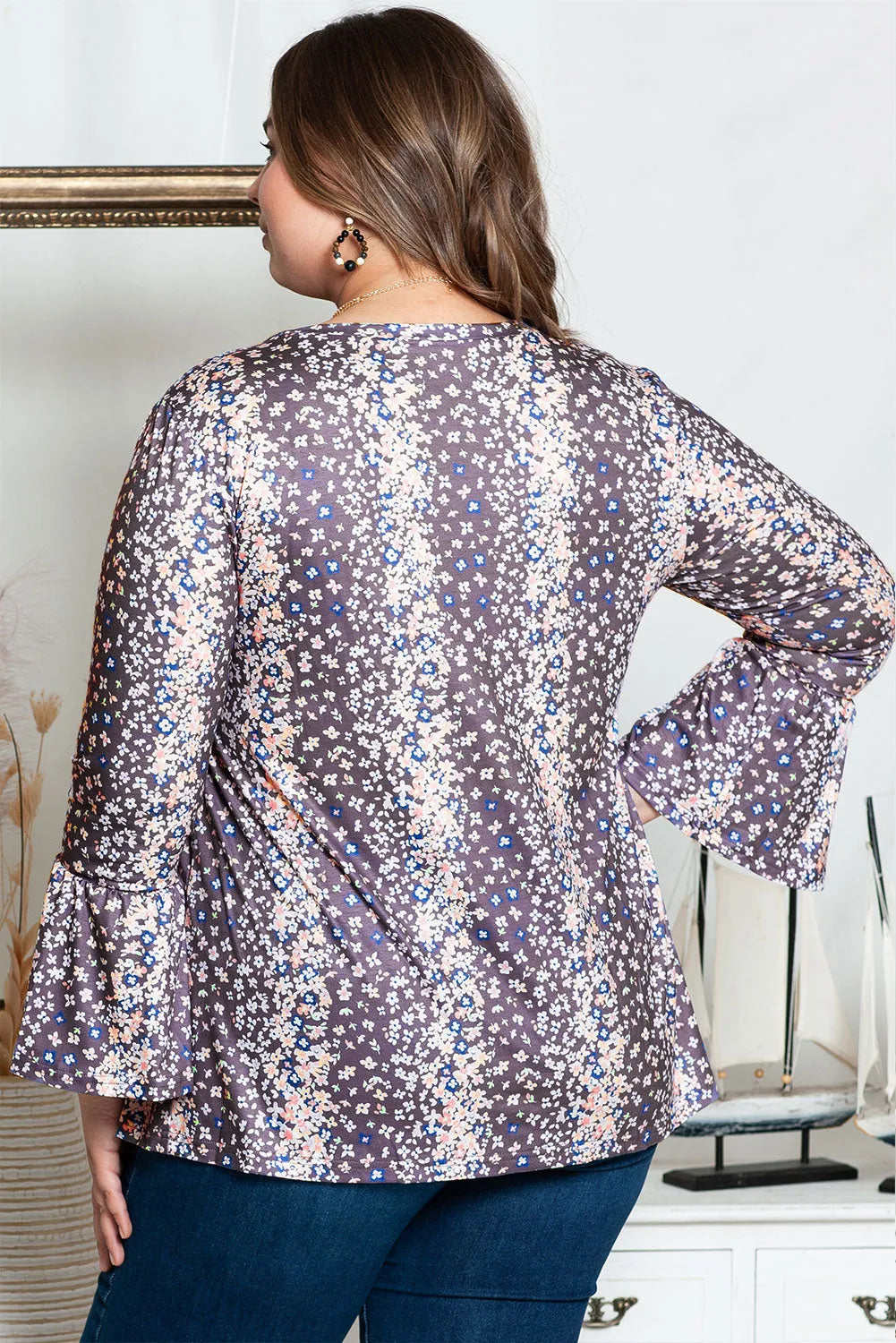 Purple Floral Print Round Neck Plus Size Babydoll Blouse - Chic Meadow Boutique 