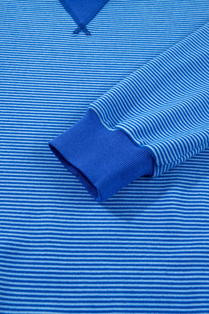 Blue Stripe Ribbed Cuffs Hem Long Sleeve Pullover Top