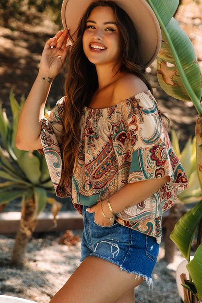 Apricot Paisley Printed Shirred Off Shoulder Ruffled Draped Sleeve Blouse