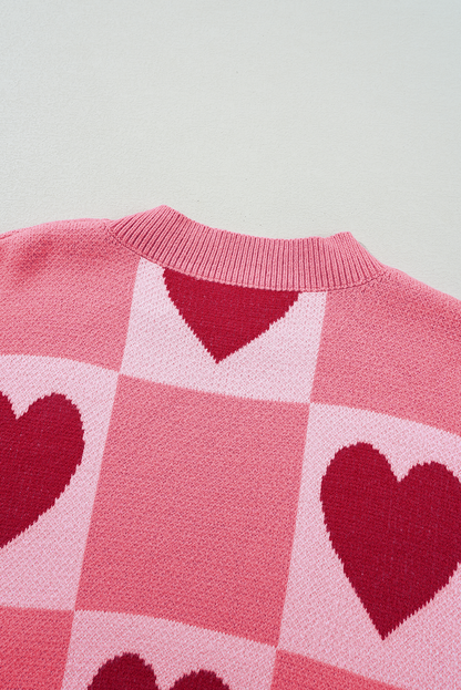 Pink Plus Size Love Heart Block Mock Neck Lantern Sleeve Valentine Sweater