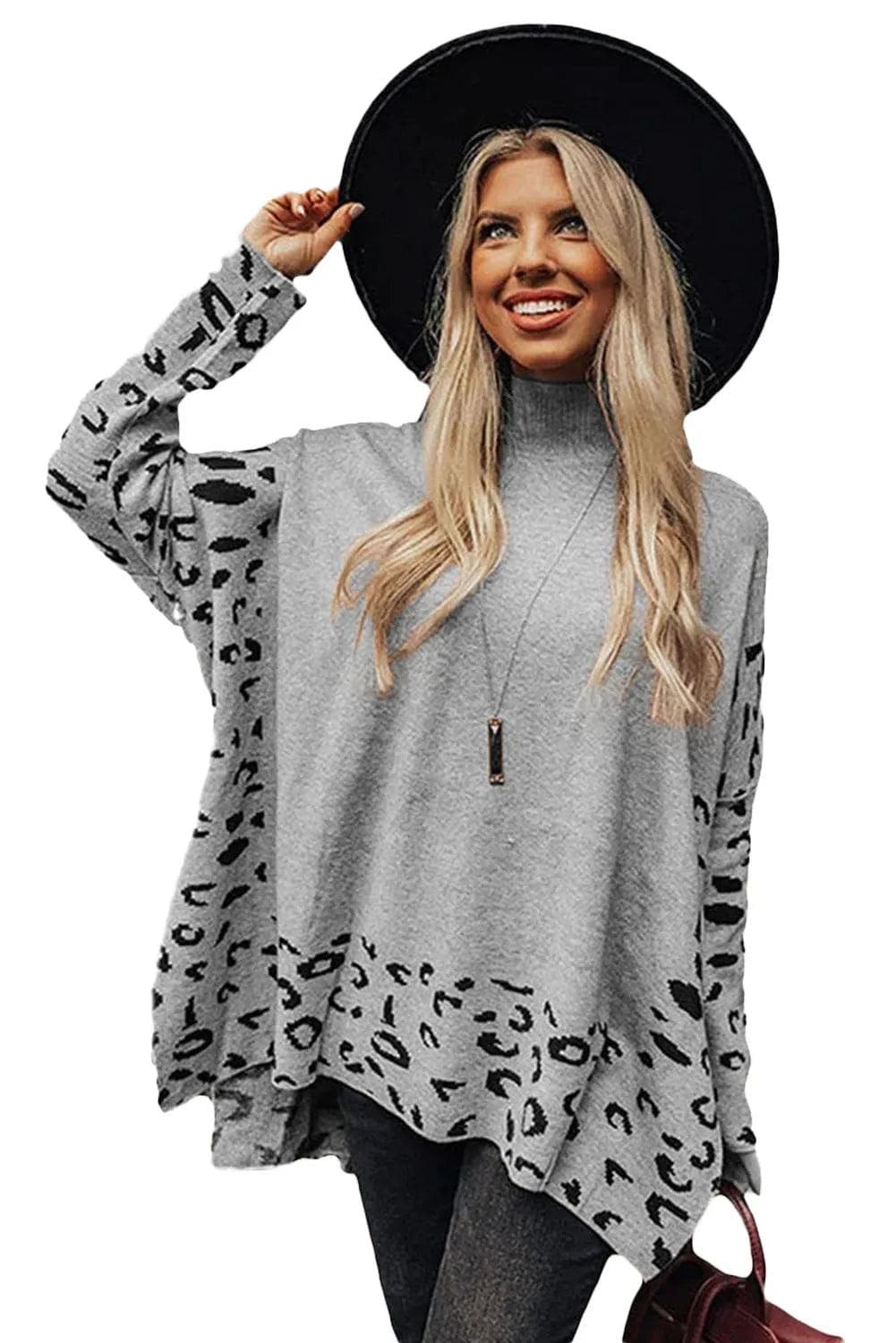 Sweaters & Cardigans/Sweaters Gray Leopard High Neck Side Slit Oversized Sweater