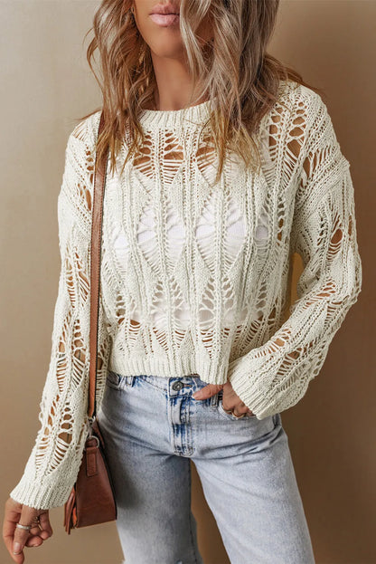 White Cut Out Crochet Crew Neck Loose Fit Sweater - Chic Meadow Boutique 