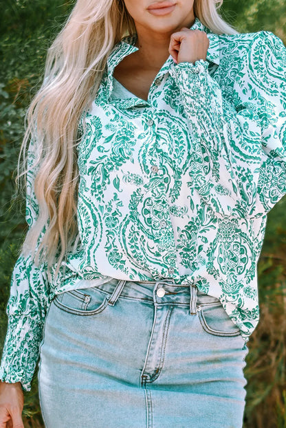 Green Paisley Print Smocked Cuff Buttoned Loose Shirt - Chic Meadow Boutique 