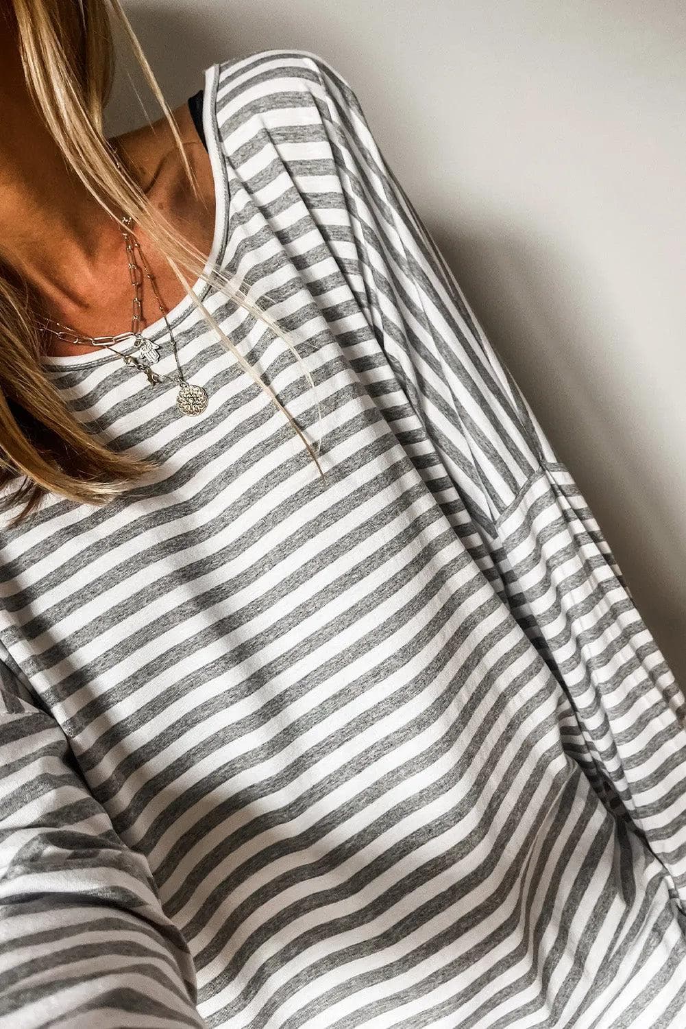 Tops/Long Sleeve Tops Gray Stripe Drop Sleeve Round Neck Oversized Long Sleeve Top