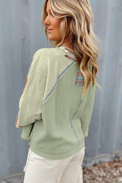 Tops/Long Sleeve Tops Meadow Mist Green Waffle Knit Wide Bracelet Sleeve Patchwork Raglan Top