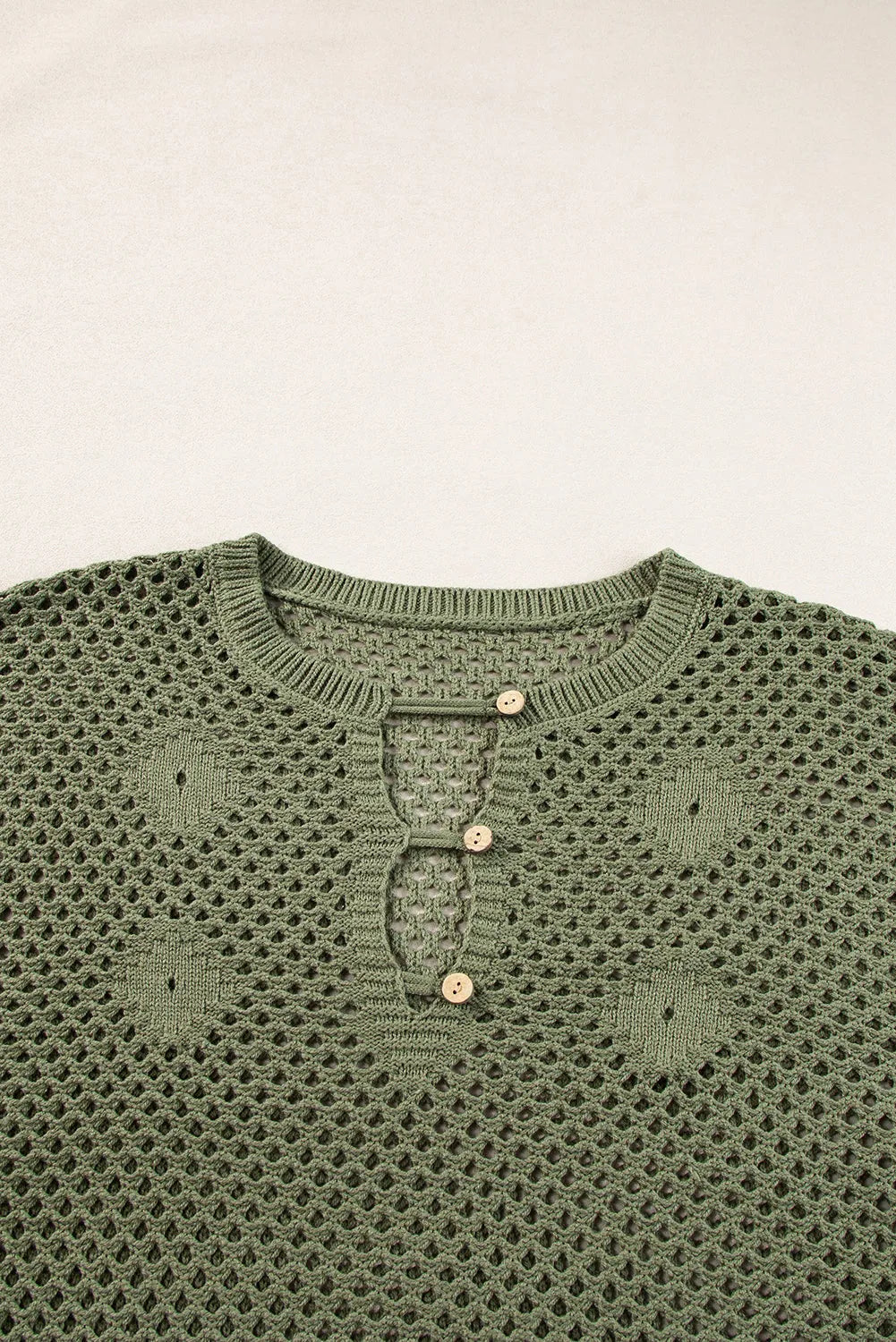 Vineyard Green Open Knit Buttoned Neck Split Sleeve Sweater - Chic Meadow Boutique 