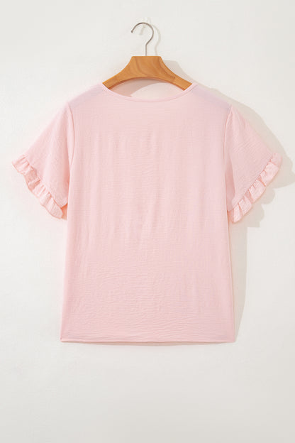 Light Pink Solid Color Ruffle Trim Short Sleeve Blouse