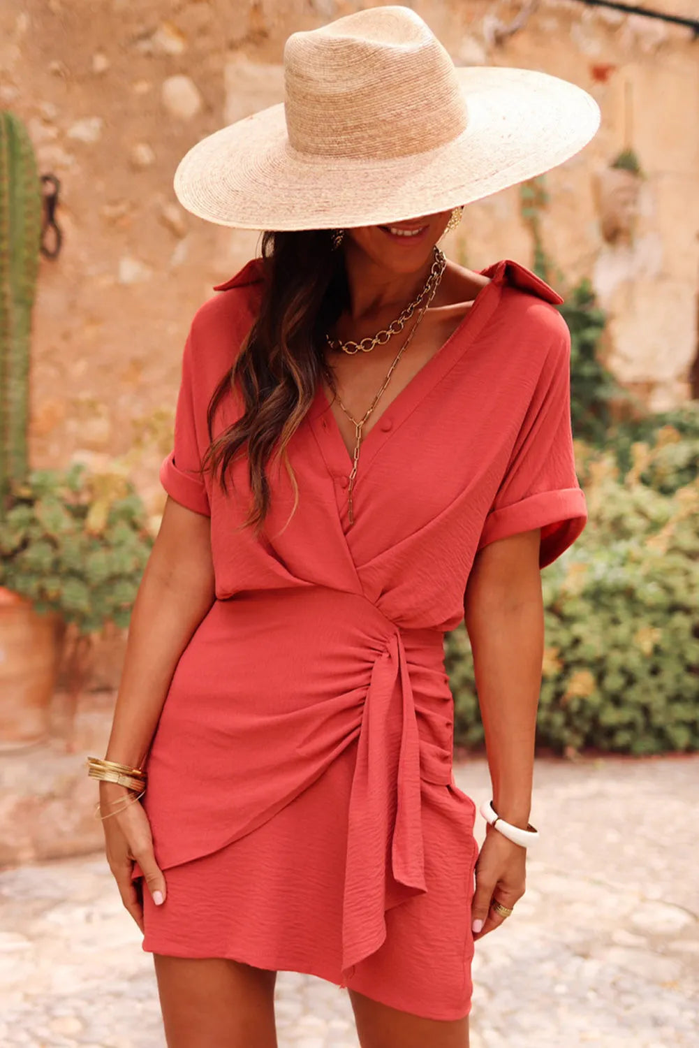 Tomato Red Collared Buttoned Neckline Pleated Wrapped Mini Dress - Chic Meadow Boutique 