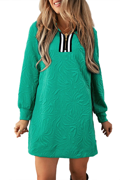 Sea Green Jacquard Textured Quarter Zipper Shift Mini Dress - Chic Meadow Boutique 