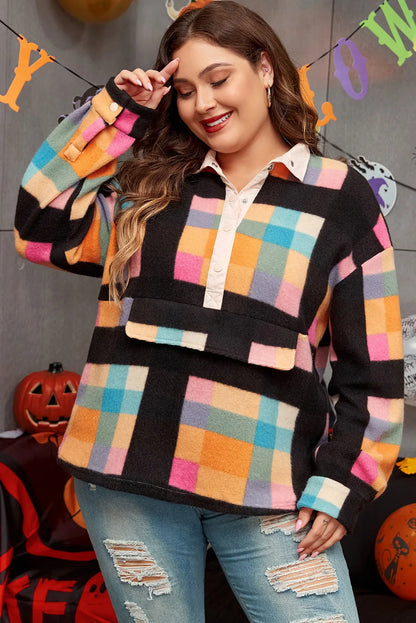 Black Plus Size Checkered Print Sherpa Henley Sweatshirt - Chic Meadow Boutique 