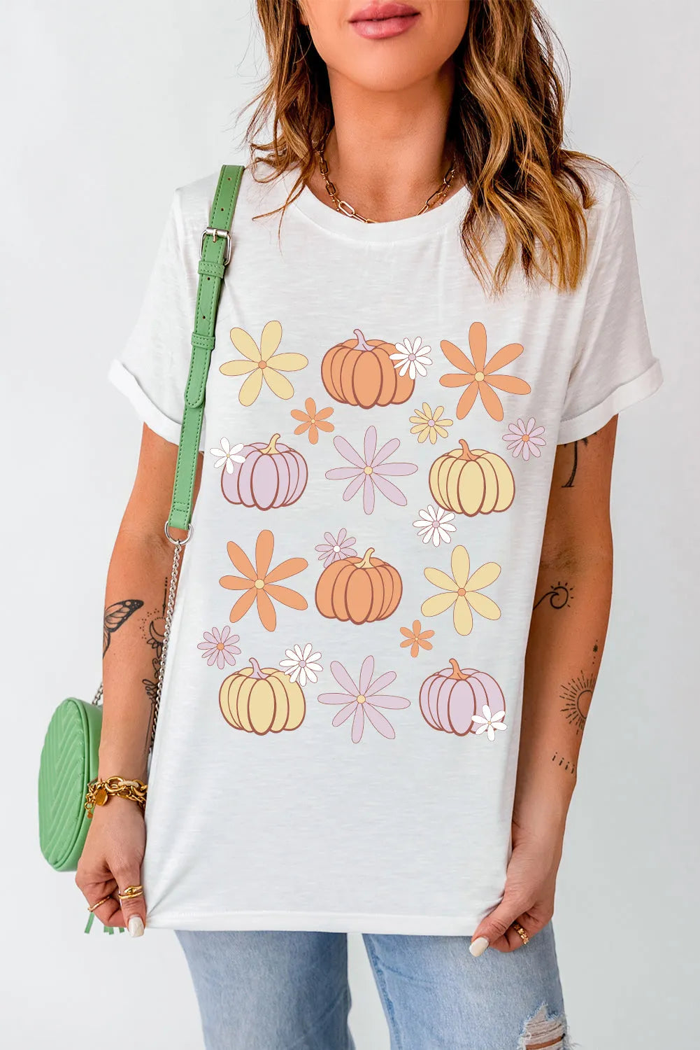 White Floral Pumpkin Graphic Crewneck Halloween T Shirt - Chic Meadow Boutique 