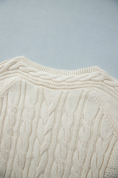 Beige Drop Shoulder Round Neck Cable Knit Sweater