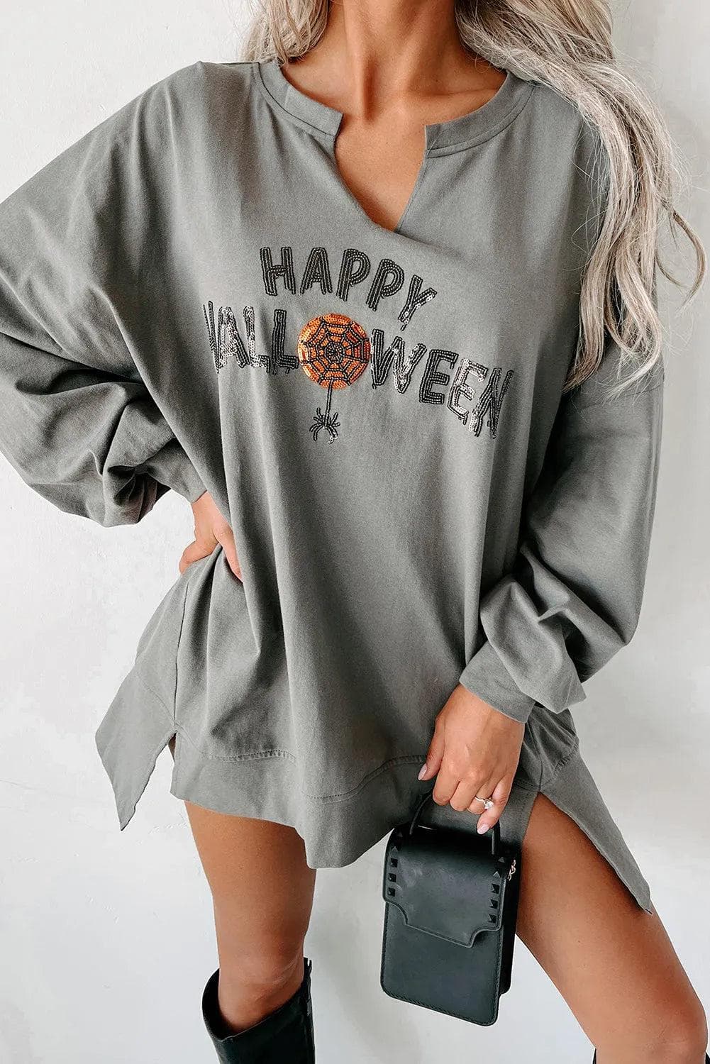 Graphic/Graphic Long Sleeve Tees Medium Grey / S / 70%Polyester+30%Cotton Medium Grey Sequin Happy Halloween Graphic Notched Neck Long Sleeve Loose Top