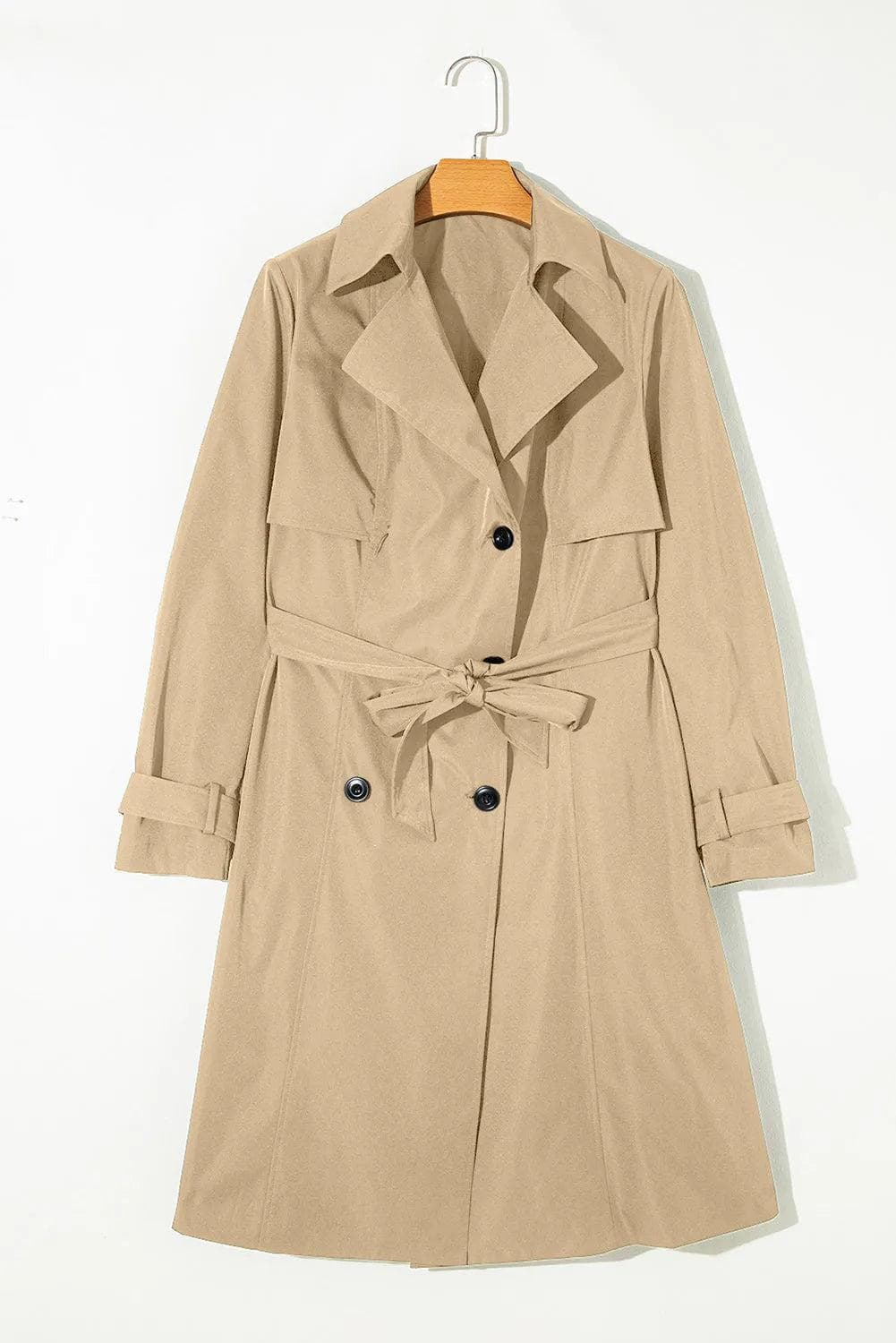 Outerwear/Coats Pale Khaki Solid Color Lapel Collar Waist Tie Wind Coat