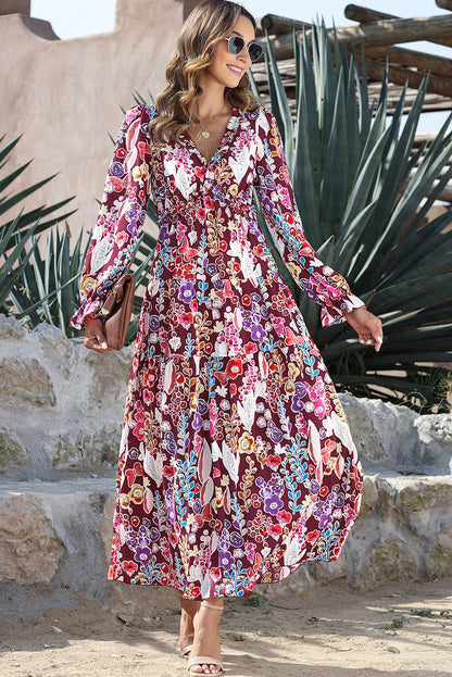 Violet V Neck Floral Print Empire Waist Maxi Dress - Chic Meadow Boutique 