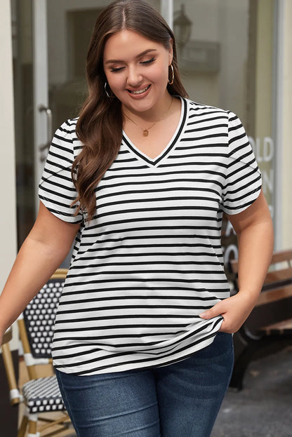 White Stripe V Neck Petal Sleeve Plus Size T-Shirt - Chic Meadow Boutique 