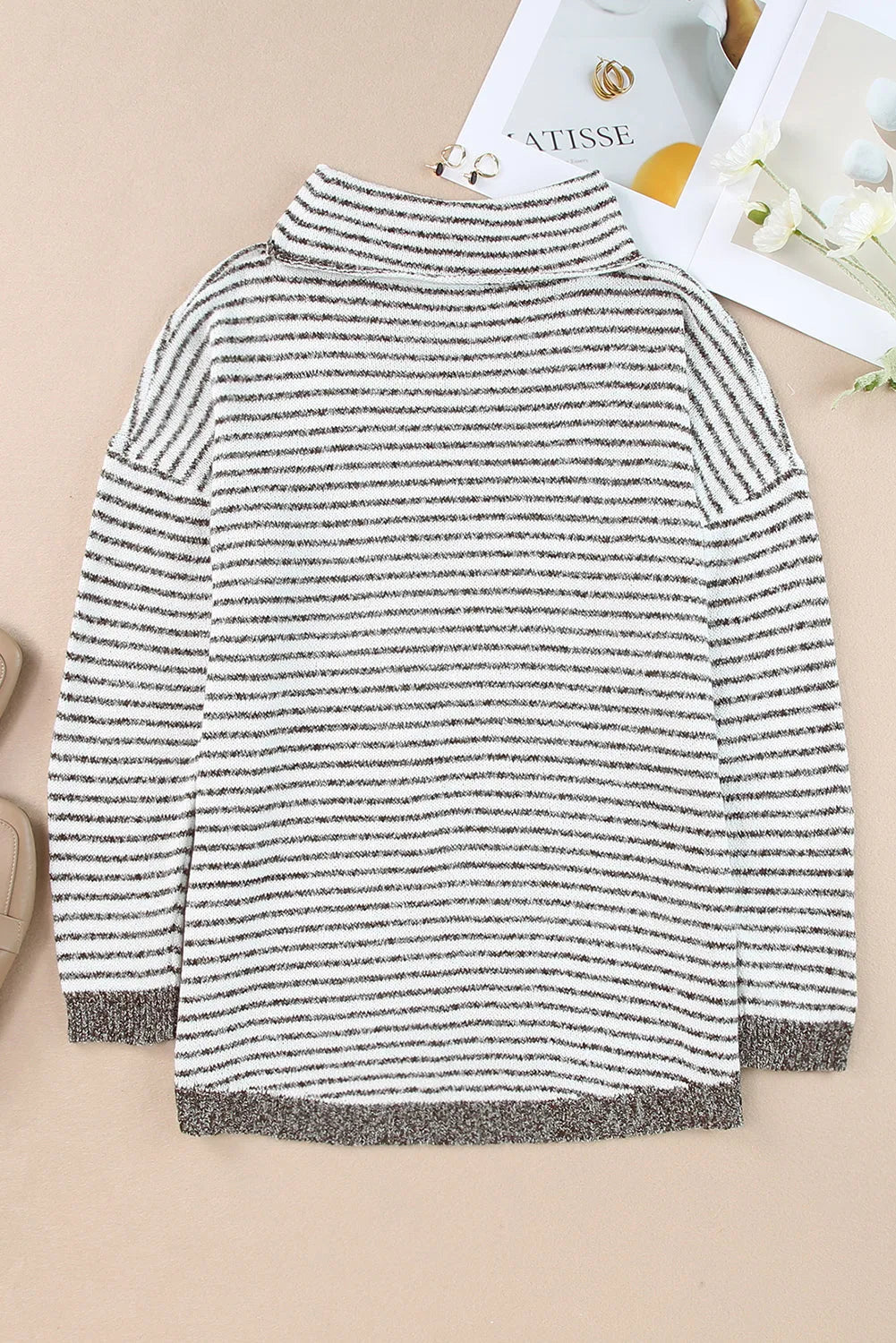 Khaki Striped Turtleneck Loose Sweater - Chic Meadow Boutique 