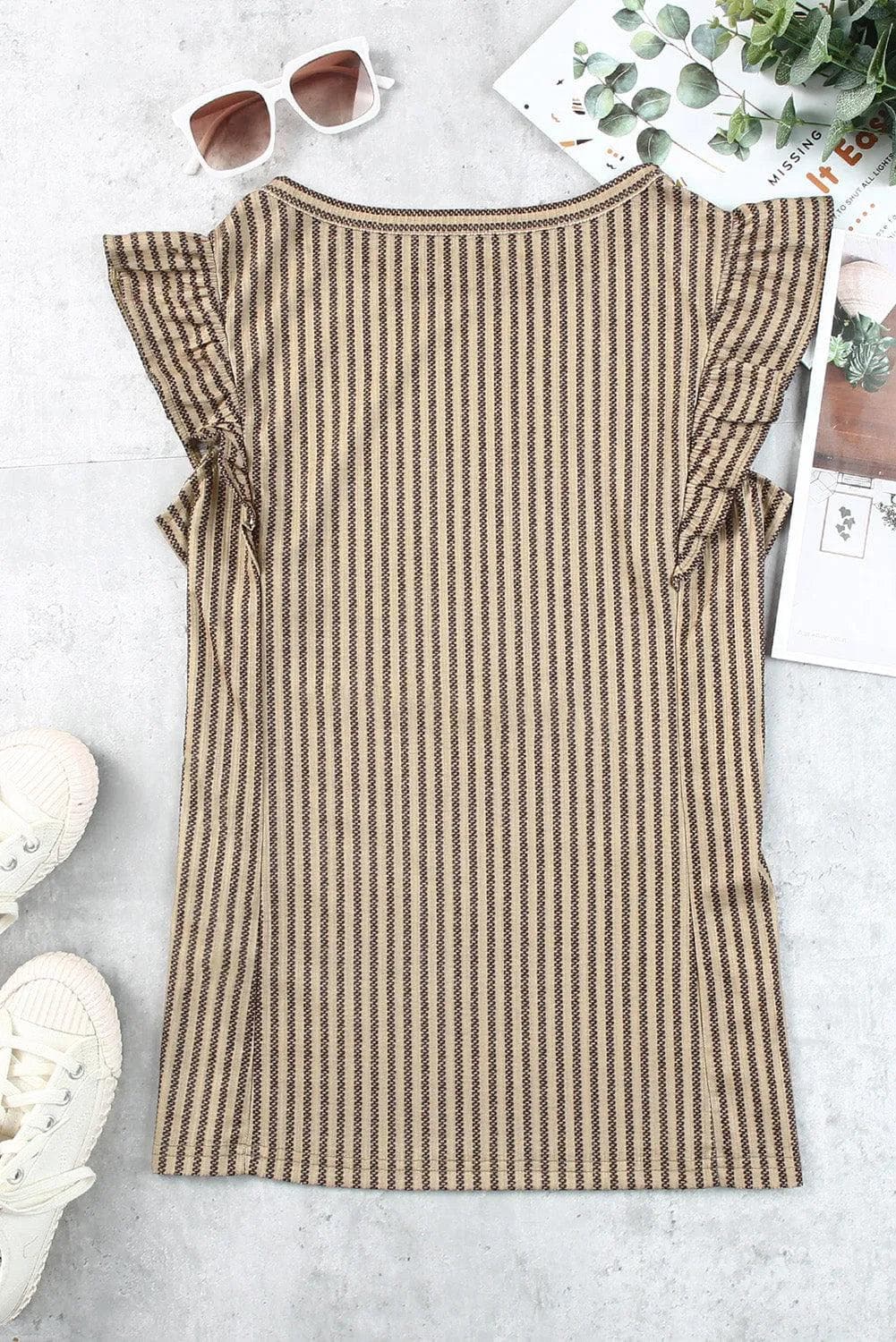 Tops/Tank Tops Khaki Striped Crew Neck Ruffled Tank Top