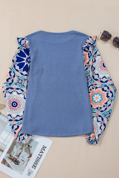 Ashleigh Blue Ruffled Floral Sleeve Patchwork Waffle Knit O Neck Blouse - Chic Meadow Boutique 