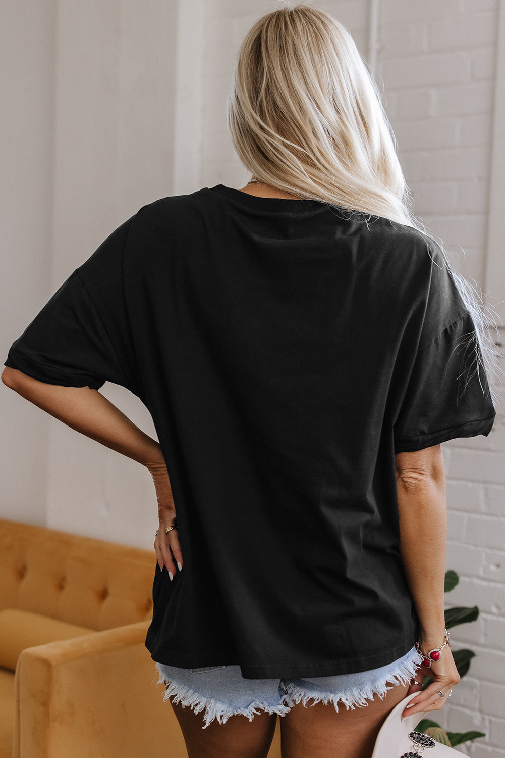 Black Loose Half Sleeve Hi Low Hem T Shirt