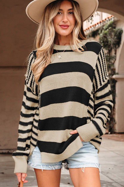 Black Stripe Drop Shoulder Sleeve Patchwork Baggy Sweater