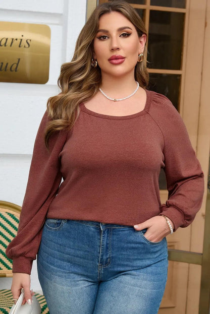 Plus Size/Plus Size Tops/Plus Size Long Sleeve Tops Gold Flame Square Neck Plus Size Knit Top