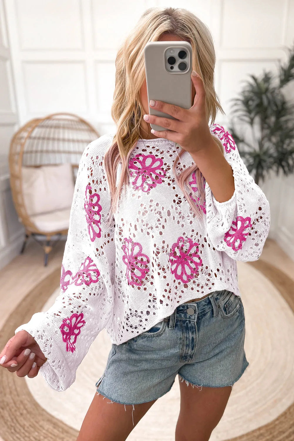 White Contrast Flower Print Eyelet Drop Shoulder Sweater - Chic Meadow Boutique 