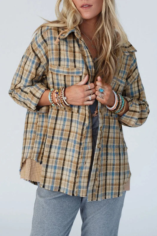 Ashleigh Blue Waffle Knit Patchwork Hooded Plaid Shacket - Chic Meadow Boutique 