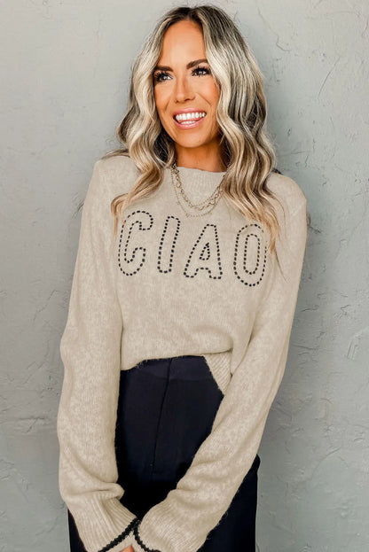 Oatmeal CIAO Letter Graphic Crew Neck Sweater - Chic Meadow Boutique 