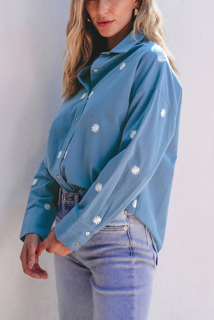 Dusk Blue Floral Embroidered Curved Hem Tunic Shirt - Chic Meadow Boutique 