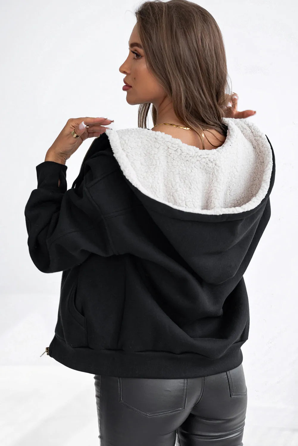 Black Sherpa Hooded Thumbhole Sleeve Zip Up Jacket - Chic Meadow Boutique 