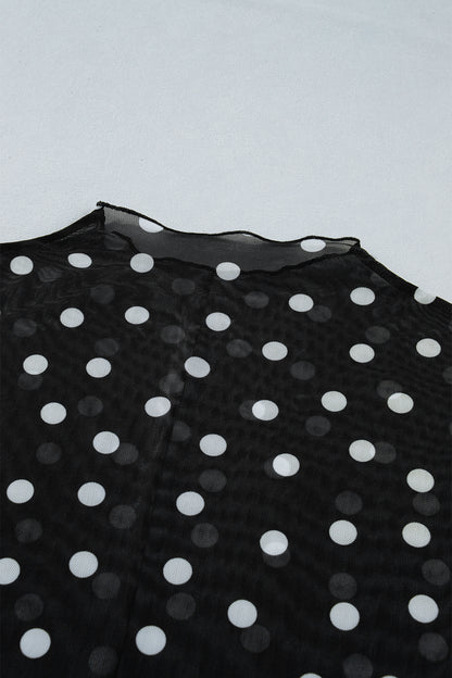 Black Plus Size Mock Neck Polka Dot Long Sleeve Mesh Top