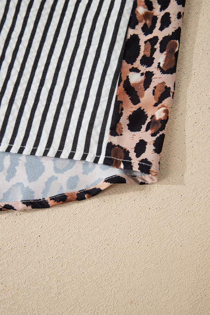 Black Striped Leopard Print Patchwork Button Up Womens Shirt