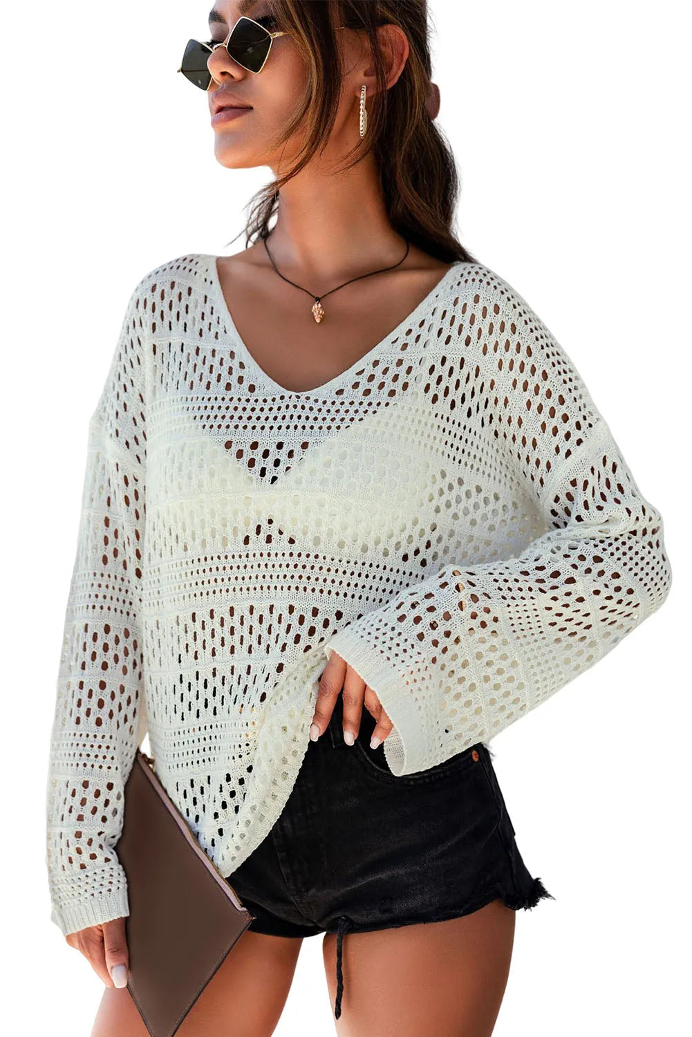 White Hollow Out Crochet V Neck Pullover Sweater - Chic Meadow Boutique 