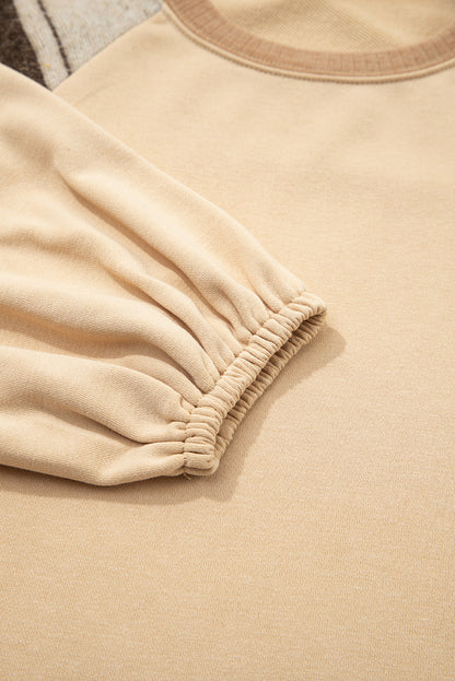 Light French Beige Aztec Patchwork Raglan Pullover Sweatshirt