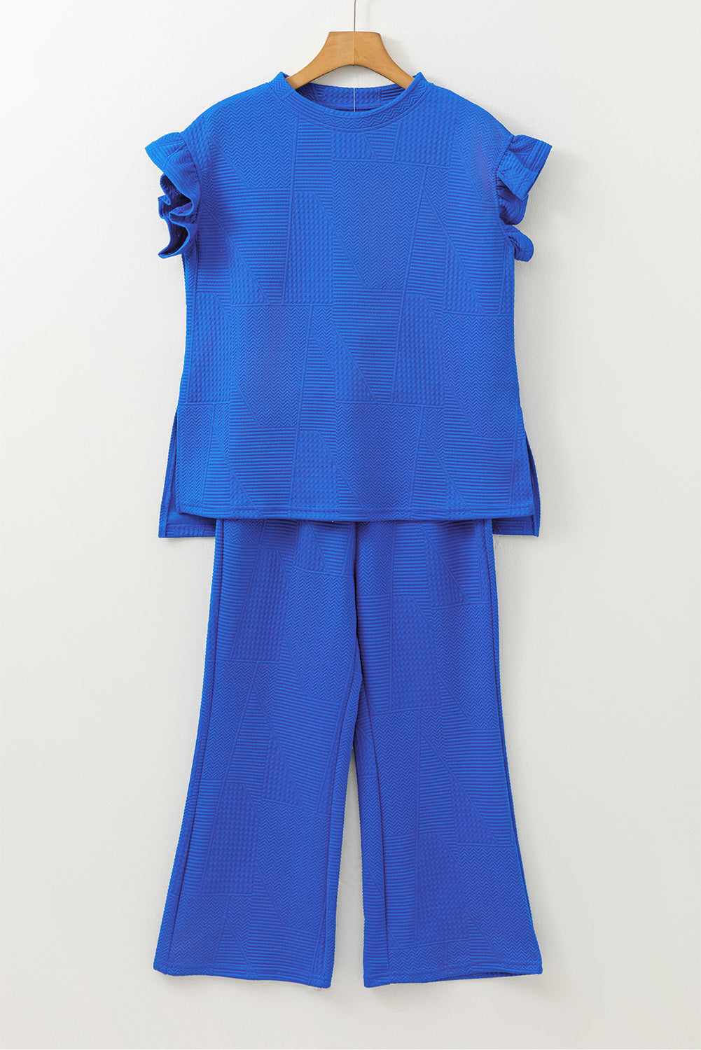 Dark Blue Ruffled Sleeve Summer Top and Cropped Loose Pants Set