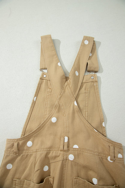 Light French Beige Polka Dot Print Bib Pocket Denim Barrel Overalls Jumpsuit