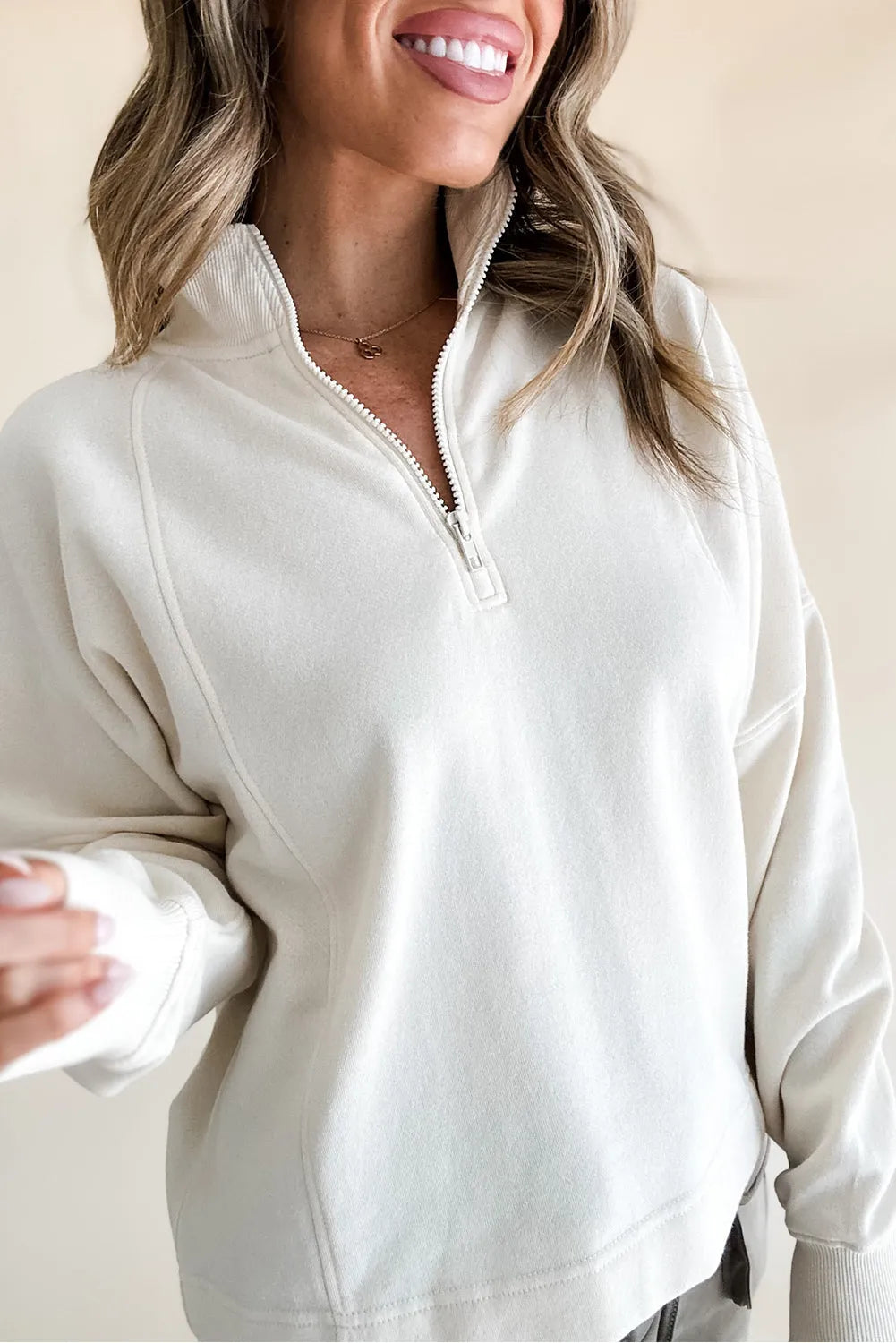 Tops/Sweatshirts & Hoodies White Zipped Neck Pullover Drop Shoulder Sweatshirt