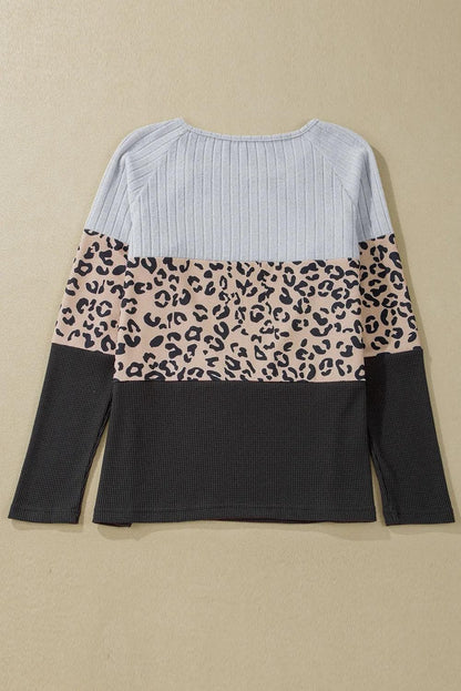 Tops/Long Sleeve Tops Gray Cheetah Textured Patchwork Buttoned Round Neck T Shirt