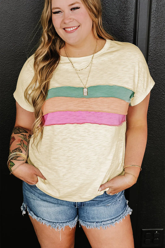 White Color Block Patchwork Plus Size T Shirt - Chic Meadow Boutique 