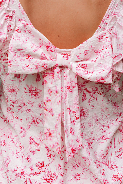 Pink Floral Ruffled Short Sleeve Bow Back Square Neck Blouse