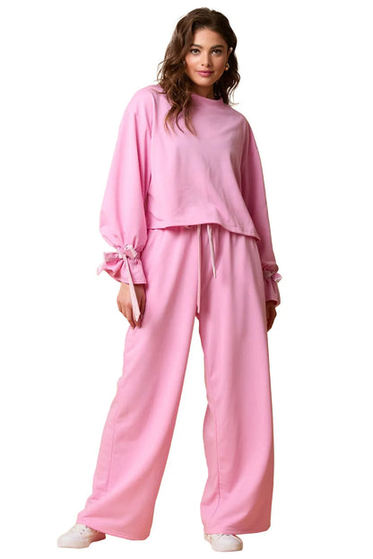 Bonbon Solid Color Drawstring Long Sleeve Top and Pants Set - Chic Meadow Boutique 