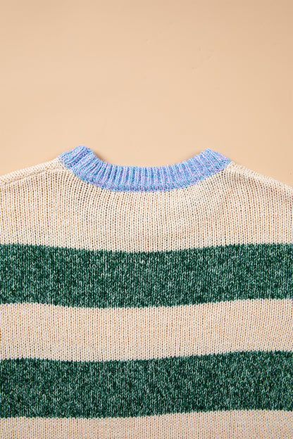 Green Stripe Striped Colorblock Drop Shoulder Pullover Sweater
